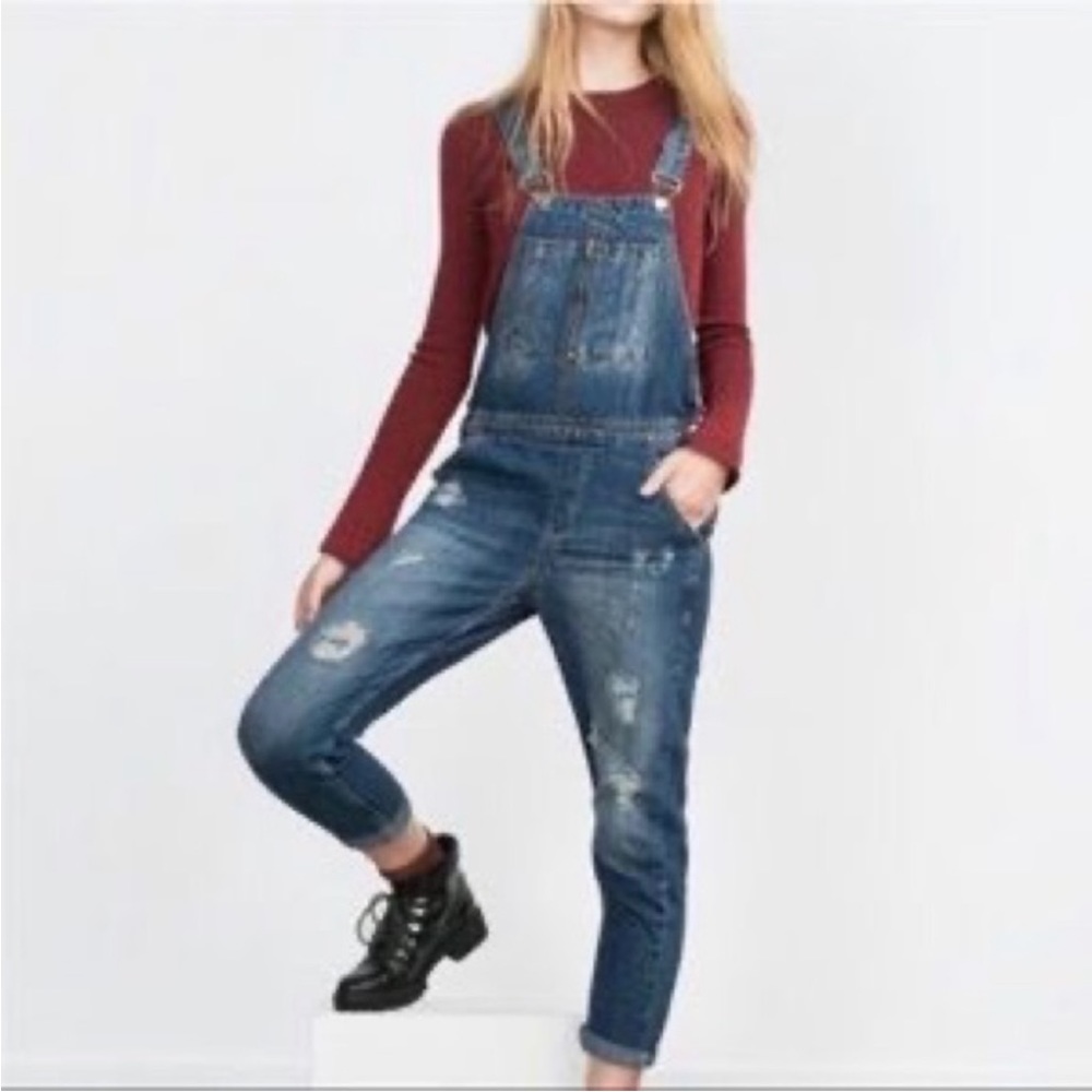 ZARA Women's Trafaluc Blue Torn Tapered Baggy Denim Dungarees - Large